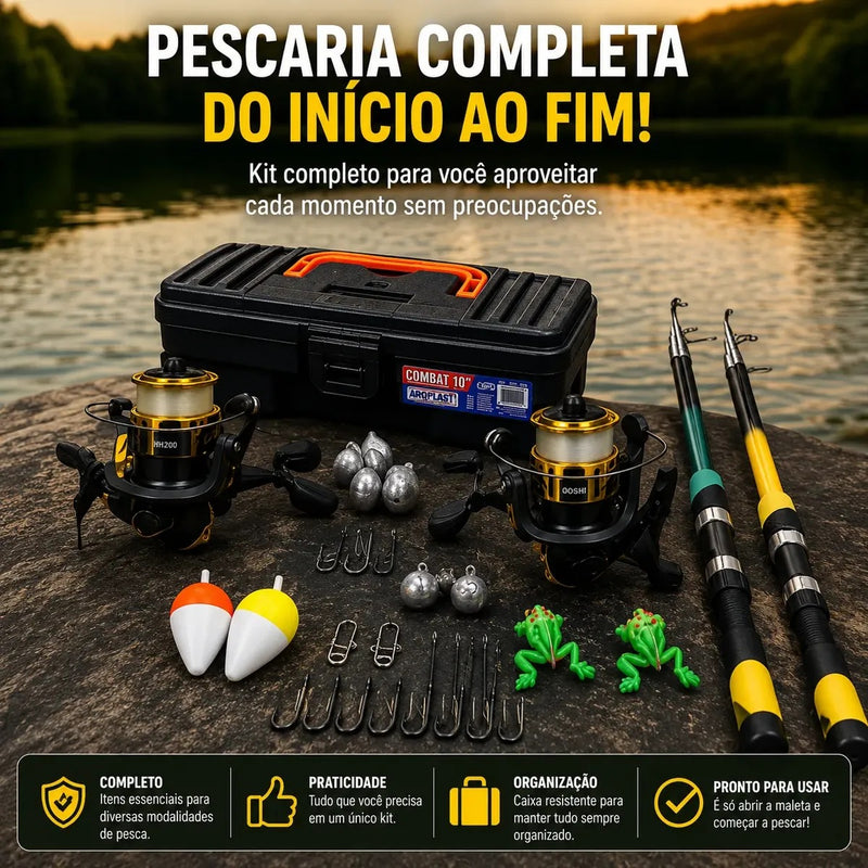 Kit de Pesca Completo com Maleta – 2 Varas Telescópicas 1,71m + 2 Molinetes + Acessórios